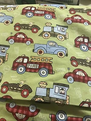 Vintage Fabric Traditions Fire Trucks & Cars Print Cotton Fabric 42” X 84” • $14.99