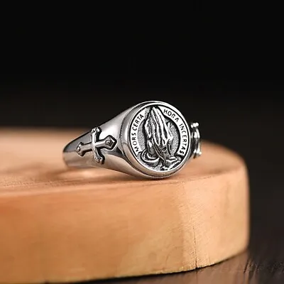 925 Silver Plated Adjustable Cross Praying Hands Ring For Men WomenPunk Hip Hop • $11.99