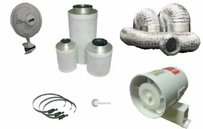 4  InLine Fan Carbon Filter & Duct Kit Hydroponic Grow Room Ventilation Clip Fan • £67.99