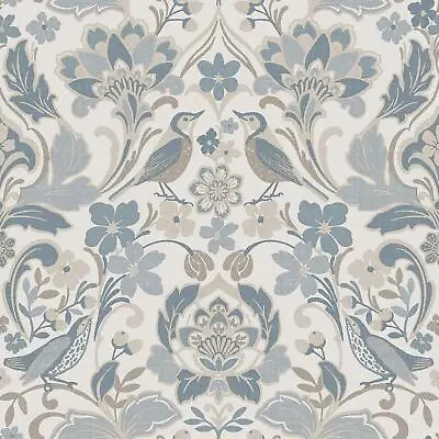 Folk Floral Wallpaper Birds Flowers Leaves Textured Vintage Damask Blue 946103 • £16.99