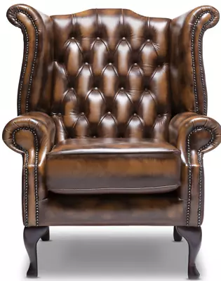 FAST DELIVERY Chesterfield High Back Queen Anne Chair In Antique Tan Leather • £619.99