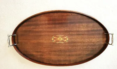 Quality Antique Mahogany Edwardian Inlaid Oval Gallery Tray With Nickel Handles • $175