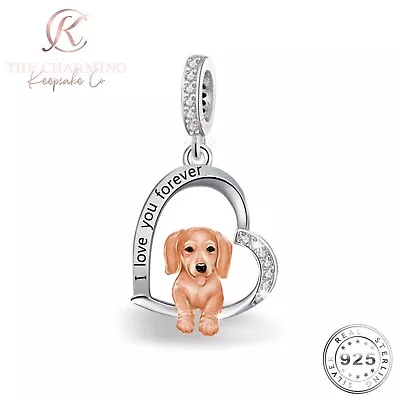 Sausage Dog / Dachshund Charm 925 Sterling Silver Rose Gold- I Love You Forever • $21.57