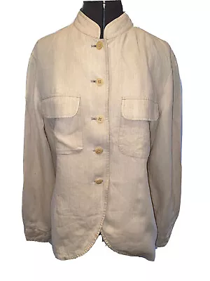 VTG 90's Armani Jeans SZ 6 Nehru Band Collar Khaki Linen Jacket • $19.99