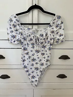 Miss Selfridge White Floral Milkmaid Bodysuit (Size 8) • £7.99
