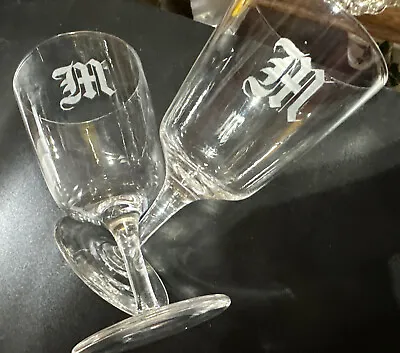 Lot Of 2 Monogrammed  M  Etched Wine Glasses Clear MCM 7.25 Drinkware Barware • $19.95