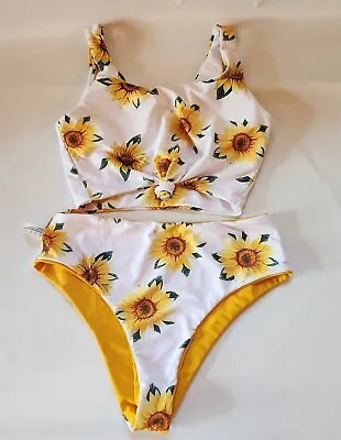 ZAFUL Womens Knotted Front Tankini Set High Waisted Bikini Sunflower Swimsuit 8 • $18