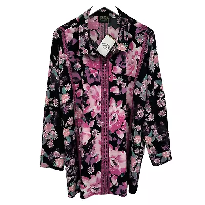 Bob Mackie Wearable Art Tunic Top Shirt Blouse Plus Size 2X Pink Floral Stretch • $49.95