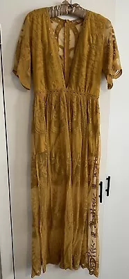 Honey Punch Marigold Yellow Embroidered Floral Lace Overlay Maxi Dress Small • $30