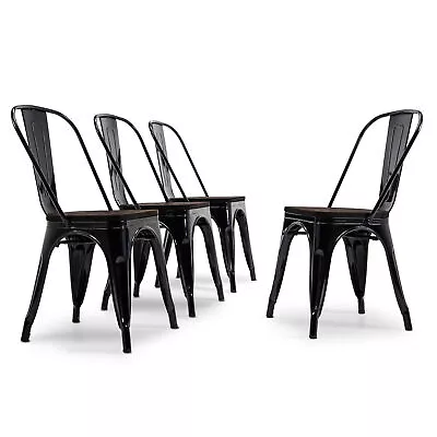 Set Of 4 Bistro Metal Dining Chairs W/ Wooden Seat Backrest Cafe Bar Stool Black • $159.95