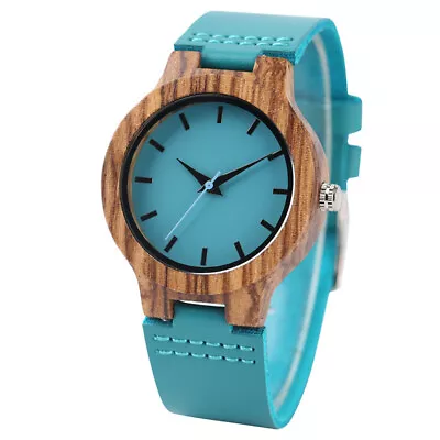 Women's Bamboo Wooden Watch With Blue Leather Strap Casual Watches For Love Gift • $31.89