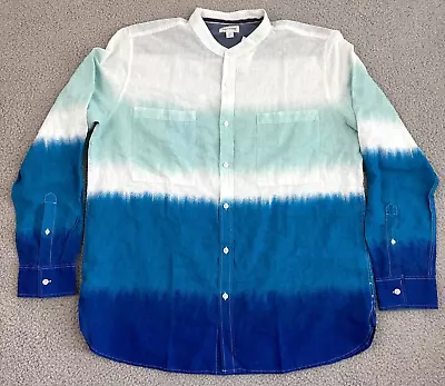 Sun Stone Linen Shirt Mens XXL Button Up Blue Ombre White Mao Collar • $21.65