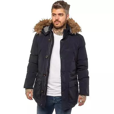 Mens Parka Jacket Faux Fur Trimmed Hooded Winter Warm Long Padded Outerwear Coat • $84.04