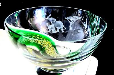 RARE LENOX CRYSTAL CENTERPIECE BOWL ETCHED ELEPHANTS GREEN WAVING STRIPE Glass • $16.45
