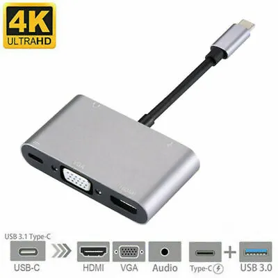 $25.99 • Buy Type C To HDMI/VGA/USB 3.0/3.5mm Audio/USB-C PD Port Adapter 5 In1 Converter Hub