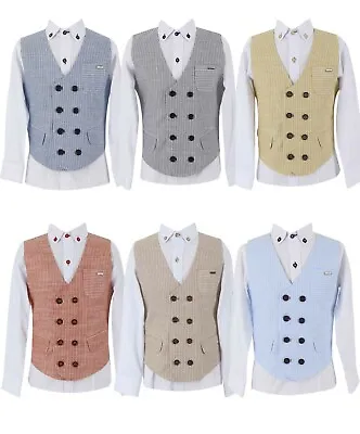 Boys Cotton Linen Double-Breasted Waistcoat Suit Smart Casual 3 Piece Set • £22.99