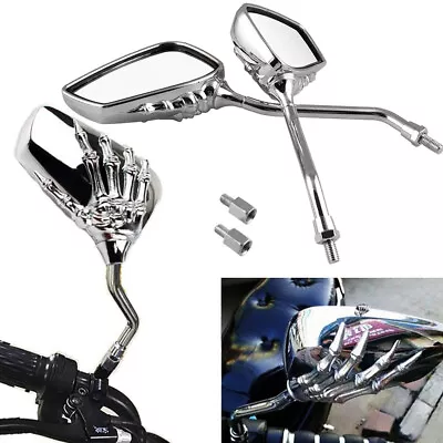 Pair 8MM 10MM Motorcycle Chrome Skeleton Skull Hand Claw Rearview Side Mirrors • $21.39