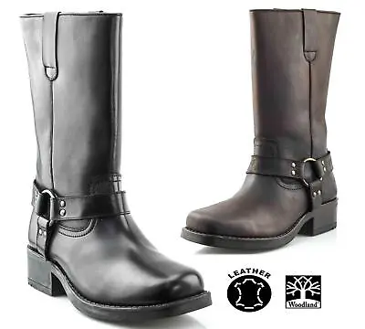 Mens Leather Pull On Western Harness High Leg Biker Riding Boots Shoes Size • £67.95