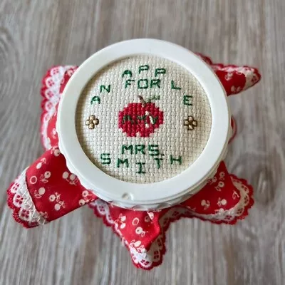 Sweet Vintage Finished Cross Stitch Lid With Mason Jar  An Apple For Mrs. Smith  • $14.88