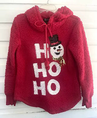 Miss Chievous HO HO HO Sequin Snowman Red Christmas Hooded Sweatshirt Size M • £12.54