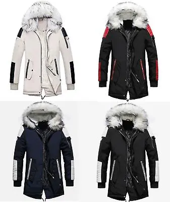 Men's Cotton Parka Coat Long Jacket Fur Collar Hooded Thicken Splicing Casual SZ • $54.66