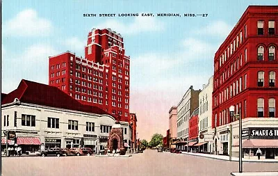 MERIDIAN MISSISSIPPI Sixth Street East Vintage Cars LAUDERDALE COUNTY Postcard • $7.14