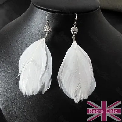 BIG FEATHERS Large 8cm Long EARRINGS Silver Rhinestone CRYSTAL BALL FEATHER DROP • £2.99