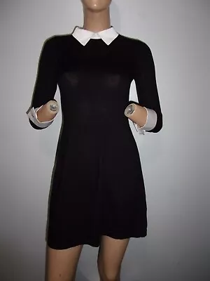 TAHARI Black Fine Merino Wool Fit N Flare Wednesday Addams Style Mini Dress XS • $30