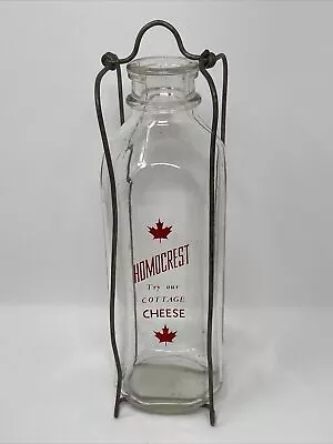 Vintage Canada Maple Leaf HOMOCREST Milk Bottle In WIRE CARRIER Cottage Cheese • $24.99