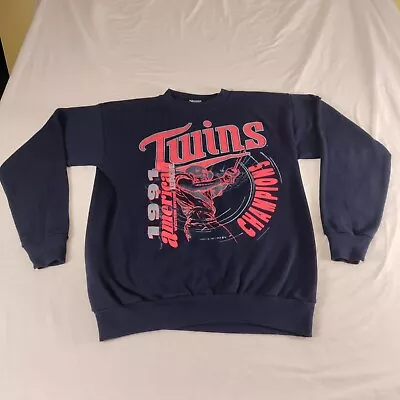 Minnesota Twins Vintage 1991 Logo 7 Sweatshirt Mens Size L Blue MLB - Pilling • $34.99