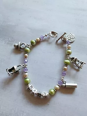 Vintage NWOT Bead Bracelet Sterling Silver Charms Baby Theme Green Pearl Crystal • $84.99