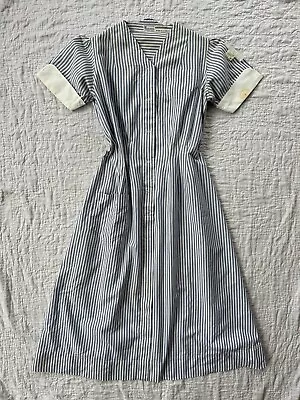 Vintage 1940s Blue Cotton Striped Nurse Uniform Snap Front Work Dress • $19.99