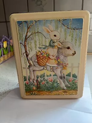 Vintage Easter Morning Rectangle Tin With Lid Bunny Rabbit On A Sheep • $4