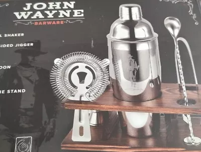 John Wayne Cocktail Shaker Set - Stainless Steel With Wooden Pine Stand Tongs • $15.99