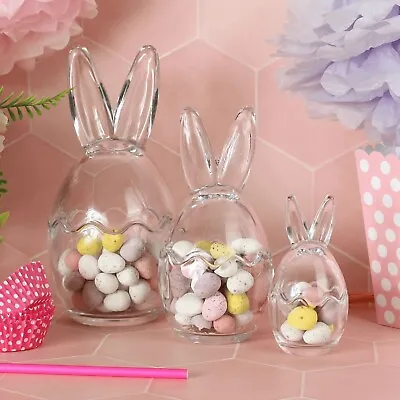 Easter Bunny Sweets Jars Set Of 3 Clear Glass Candy Holders Rabbit Ears • £21.99