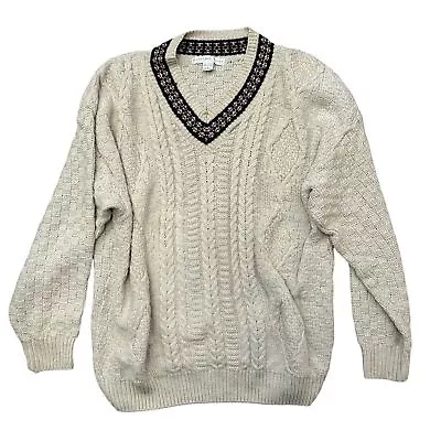 90s Vintage Geoffrey Beene Men's Cable Knit Sweater Cotton Made In USA Beige L • $50