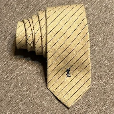 Vintage Yves Saint Laurent Tie Yellow Blue Striped YSL Necktie Classic Preppy • $14.77