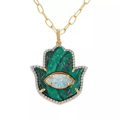 Carved Malachite & Blue Topaz Hamsa Hand Statement Goldtone Silver Necklace HSN • $257.71