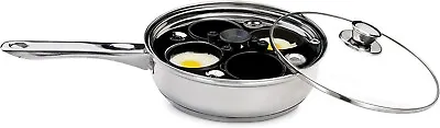 Non  Stick Egg Poacher 4 Cup Poaching Pan Stainless Steel - Glass Lid Heavy Duty • £18.99