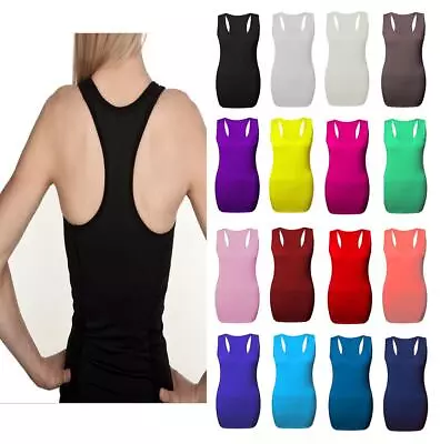 New Ladies Long Racer Back Bodycon Muscle Vest Women Gym Maxi Top UK Size 8-26 • £6.90