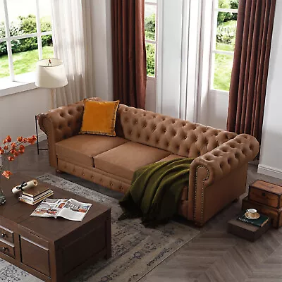 88.5in Chesterfield Sofa Faux Leather Upholstered Solid Wood 3 Seaters Brown • $829.99