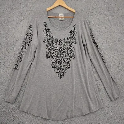 Vocal Top Women 2XL Gray Embellished Tunic Long Sleeve Flowy Stretch Lightweight • $22.99