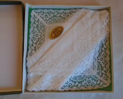 2 Vintage Irish Linen Handkerchiefs Lace Border Original Box Made In Ireland • $9.99