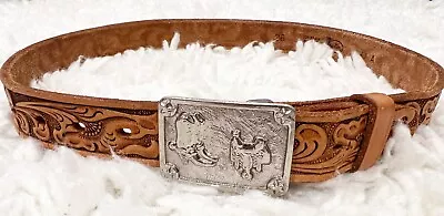 Vintage USA JUSTIN Western Cowgirl TOOLED Leather Belt 26 W/  Saddle Boot Buckle • $20