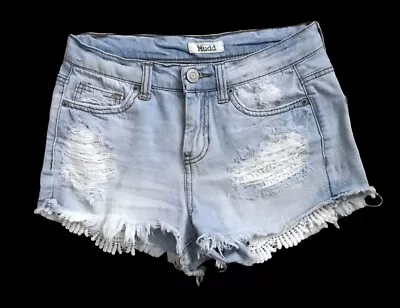 MUDD Womens Size 1 High Rise Lace Trim Cut Off Destroyed Denim Blue Jean Shorts • £13.12