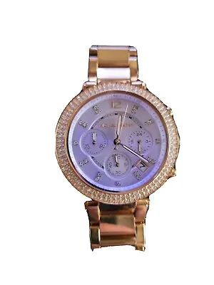 MICHAEL KORS Womens Parker Chronograph Watch Crystals Rose Gold Band Purple Dial • $100