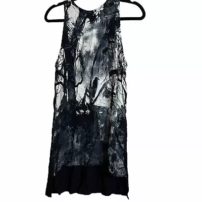 Motel Rocks Womens Dress Sz Medium Sleveless Black Crow Print Knee Length Hi Lo • $12.69