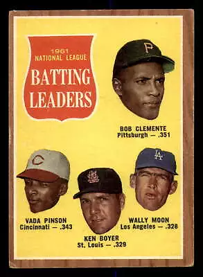 1962 Topps #52 Clemente/Pinson/Boyer/Moon N.L. Batting Leaders Writing ID:368200 • $5