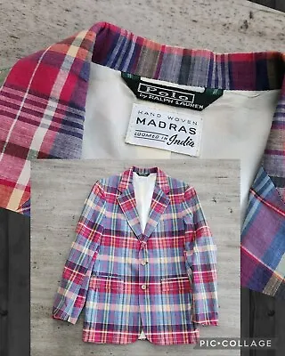 Vintage 80s Polo Ralph Lauren Hand Woven Madras Plaid Blazer Jacket Sz 34 XS/S • $99.99