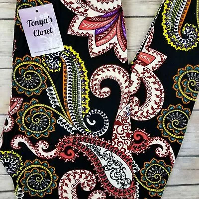 PLUS Multi Color Paisley Leggings Black Base Paisley Buttery Soft Curvy 10-18 TC • $9.57